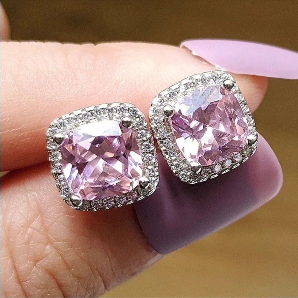 NEW 925 Silver Cushion Pink Sapphire Halo Studs